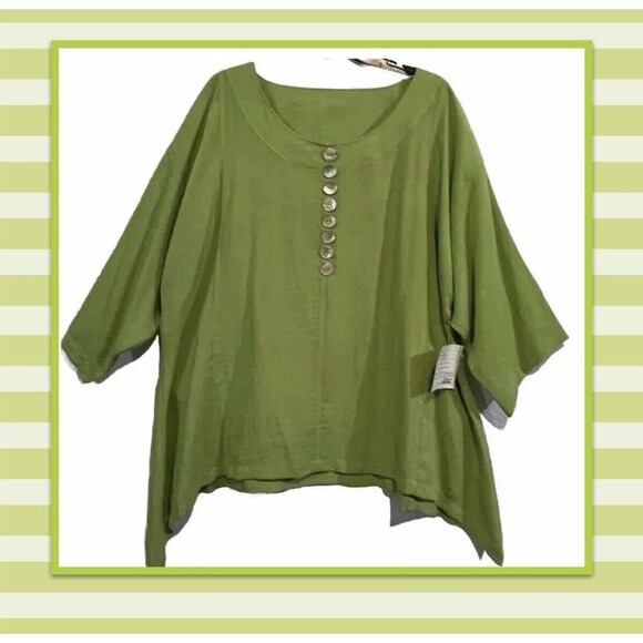 New Fridaze Top Women's XL Kiwi Green Linen Buttons 3/4 Sleeve Blouse - Picture 1 of 6